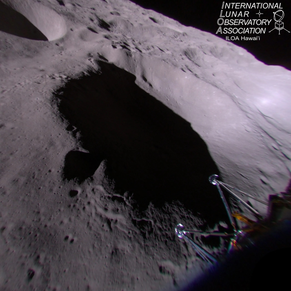 This image from ILOA’s ILO-X wide field-of-view imager was taken on 22 February 2024 about 4.2 minutes prior to touchdown which occurred 23:24 UTC. It shows craters in the Moon South Pole region as well as the IM-1 Odysseus lunar lander. Canadensys Aerospace provided and operated the Near Field of View (NFOV) and Wide Field of View (WFOV) optical instruments making up the ILOA lunar observatory (ILO-X). Image credit: International Lunar Observatory Association (ILOA).