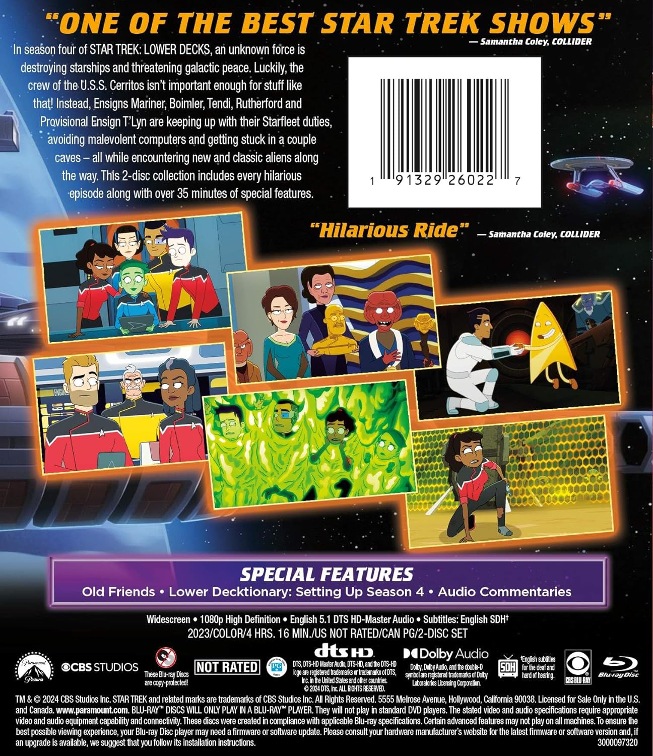 the back of a box containing the "Star Trek: Lower Decks" Season 4 Blu-Ray, showing scenes from the animated show and text describing itnd