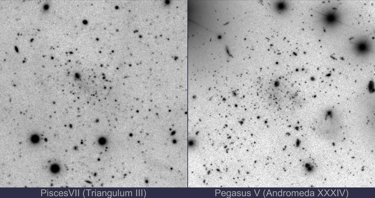 Two images are black and white representations of the cosmos. They have dark blobs.