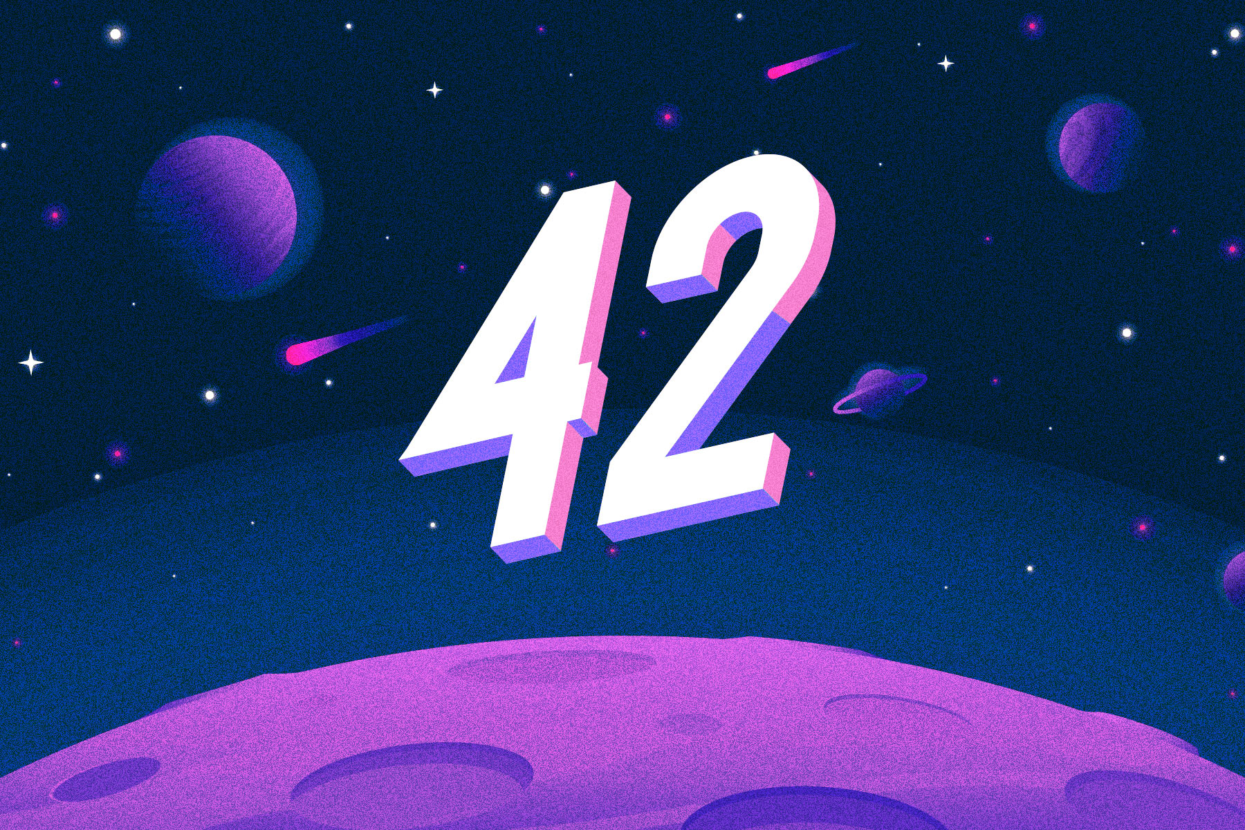 The number "42" floats above a planetary tableau