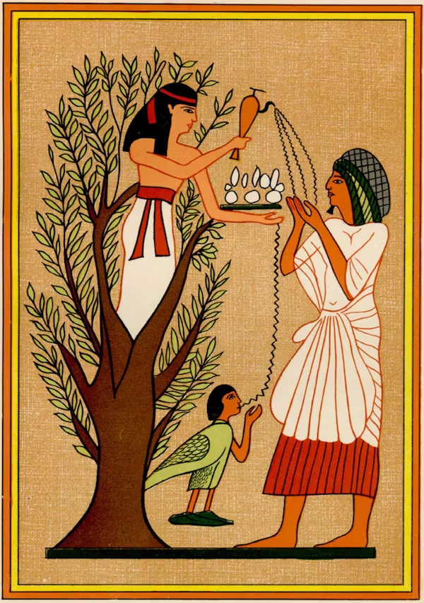 An individual with long hair and a white skirt with a red belt rises out of tree to pour jagged black lines into the hands of a tall person in a white robe and headscarf, and also a bird with human head.