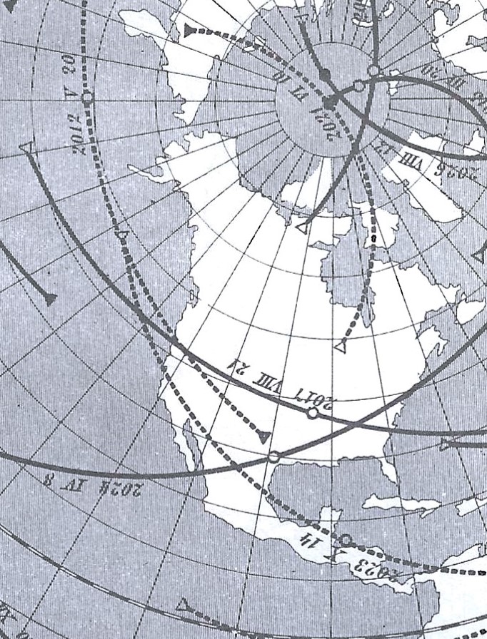 a map of north america with several arced lines crisscrossing the map