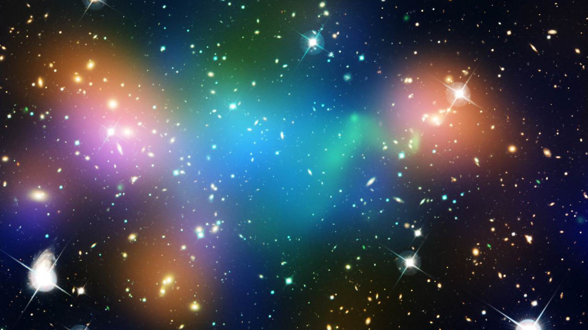 This composite image shows the distribution of dark matter, galaxies, and hot gas in the core of the merging galaxy cluster Abell 520. Superimposed on the image are maps showing the concentration of starlight, hot gas, and dark matter in the cluster.