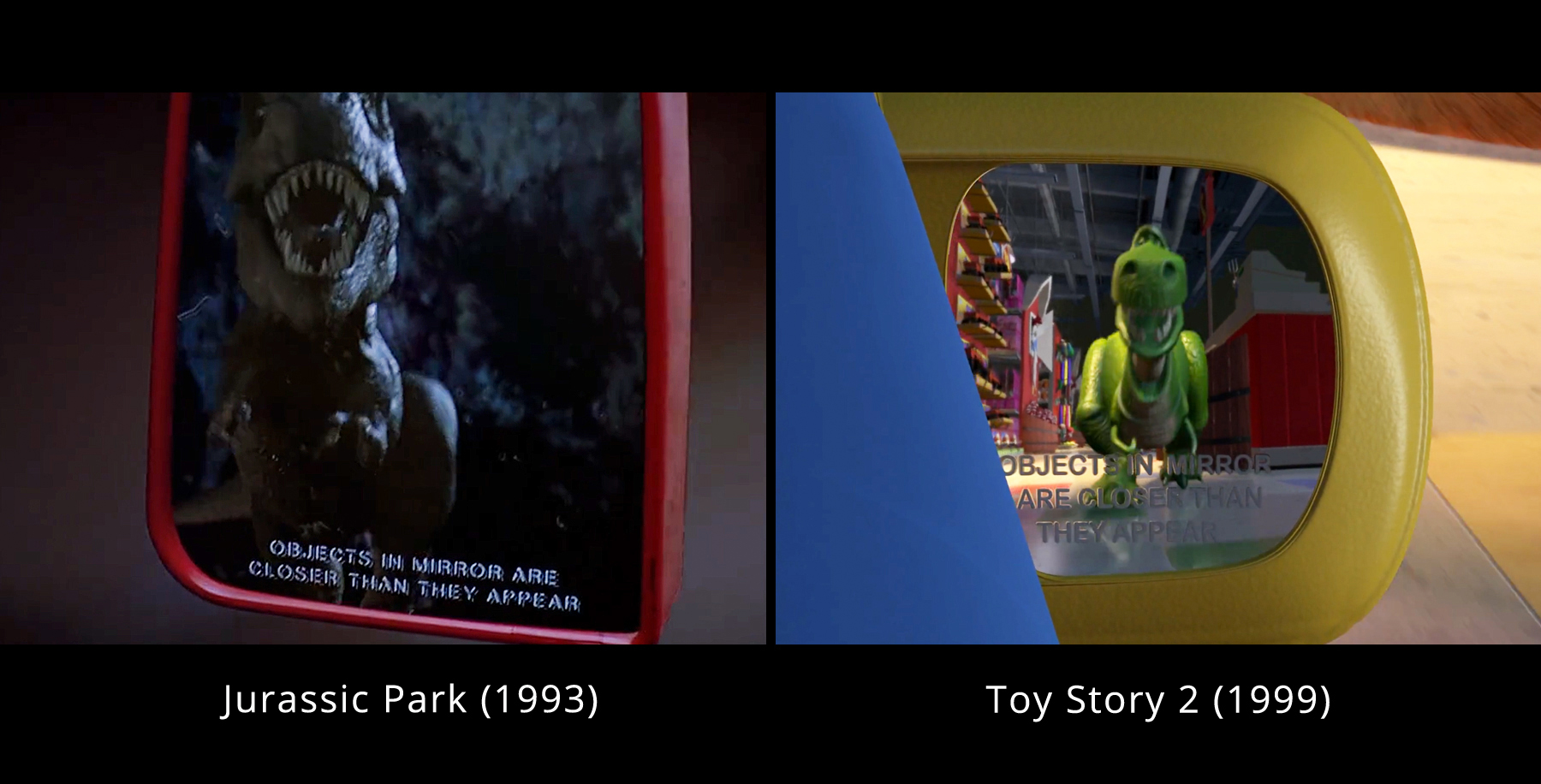 A homage to "Jurassic Park" in "Toy Story," showing two dinosaurs running toward the camera in similar style