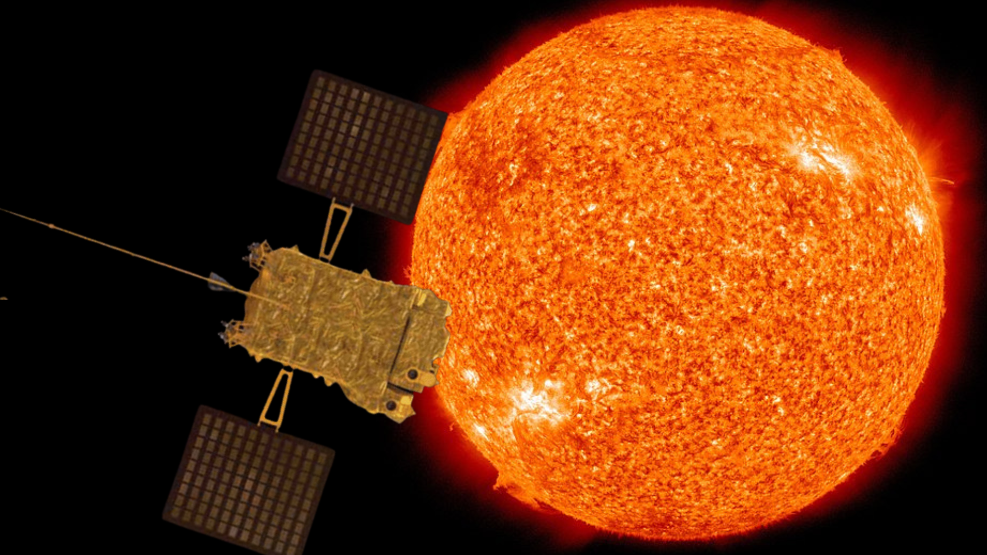 An illustration shows India's Aditya-L1 spacecraft. It's golden-wrapped with solar-panel wings and a long antenna. The sun is in the background.