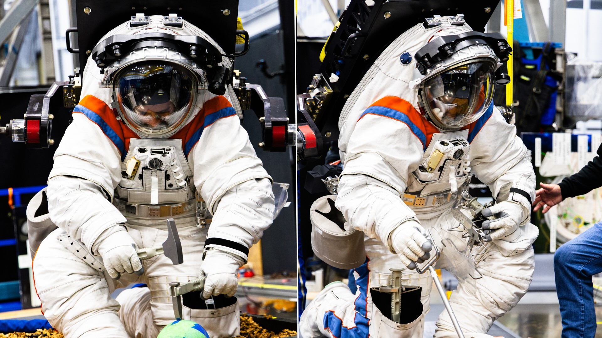 a person inside a large white spacesuit with a large glass dome viso