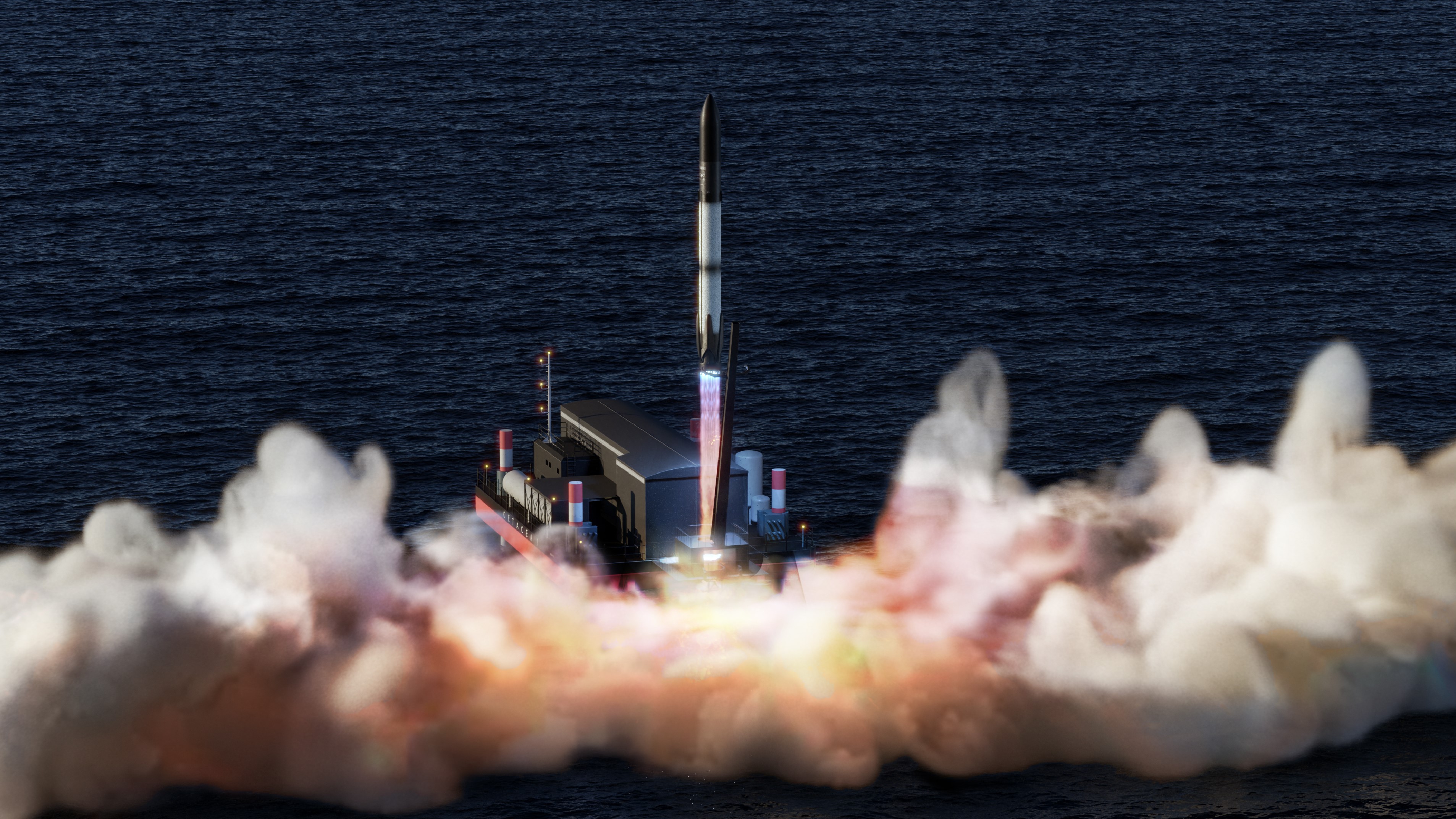 A graphic of a white and black rocket lifting off from a launch pad surrounded by water.