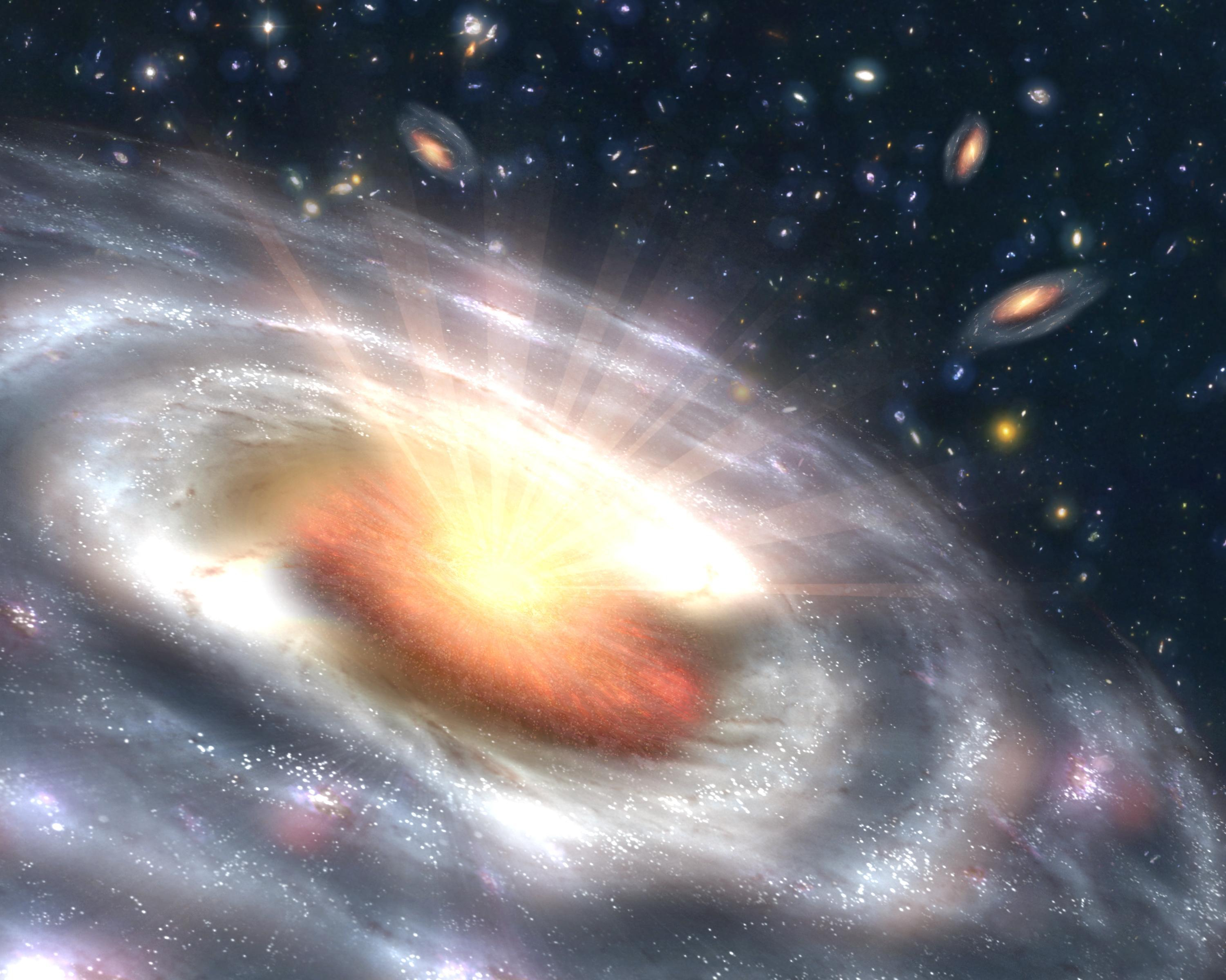 a swirling galaxy spits out yellow rays toward the black of space filled with other, smaller galaxies above.