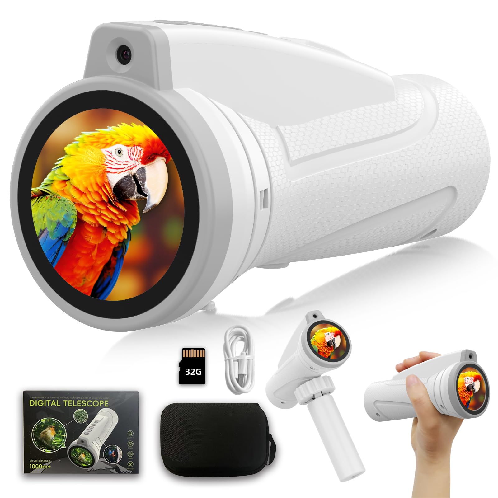 Kids Monocular for Bird Watching & Astronomy – Digital Telescope with Self-Timer, Boys Girls Camping Outdoor Exploration (White)