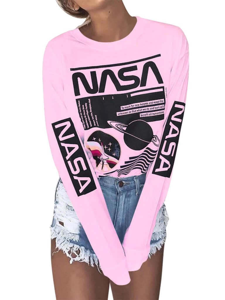 WLLW Women Long Sleeve Graphic Shirts NASA Letter Print Crew Neck Tee Tops Blouse Sweatshirts