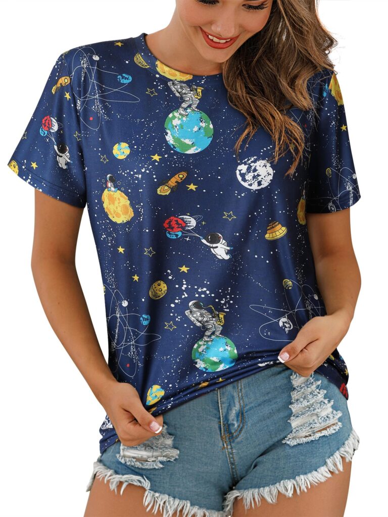 Ezcosplay Women Short Sleeve Space Shuttle Astronaut Universe Galaxy T-Shirt Graphic Shirt Casual Tee Tops