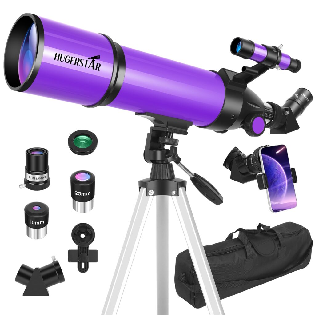 HUGERSTAR Telescope, Telescope for Adults & Kids & Astronomy Beginners, 80mm Aperture 600mm Portable Refractor Telescopes Fully Multi-Coated Optics with AZ Mount Tripod, Phone Adapter and Moon Filter