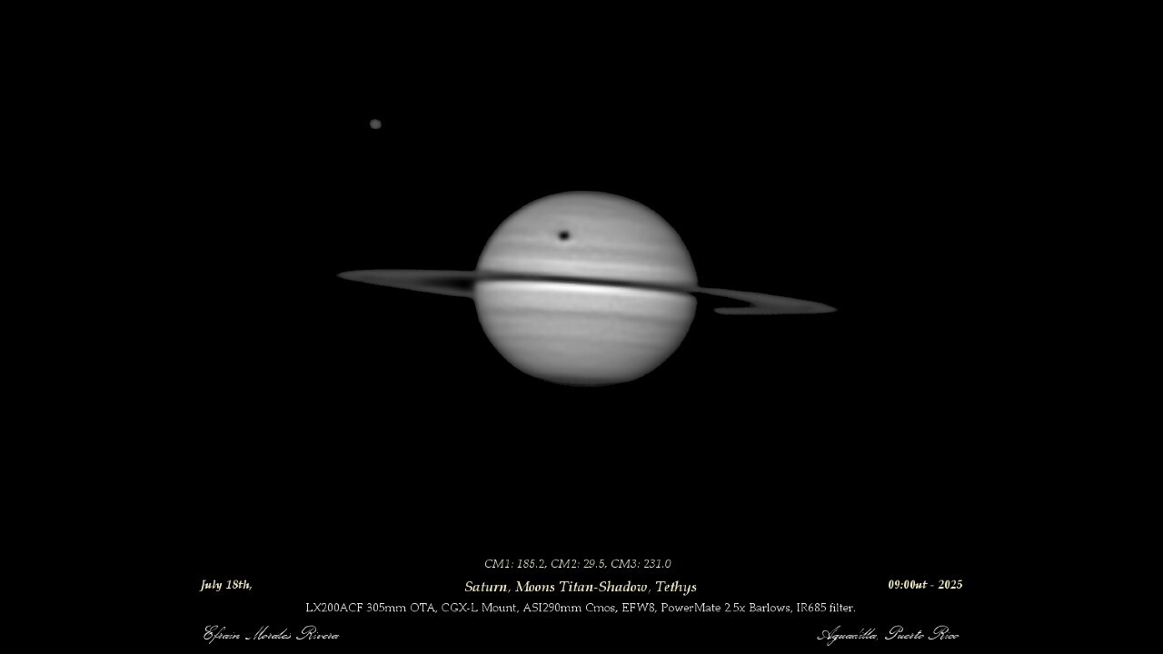 Saturn's largest moon Titan casts a colossal shadow in breathtaking amateur portrait (photo)