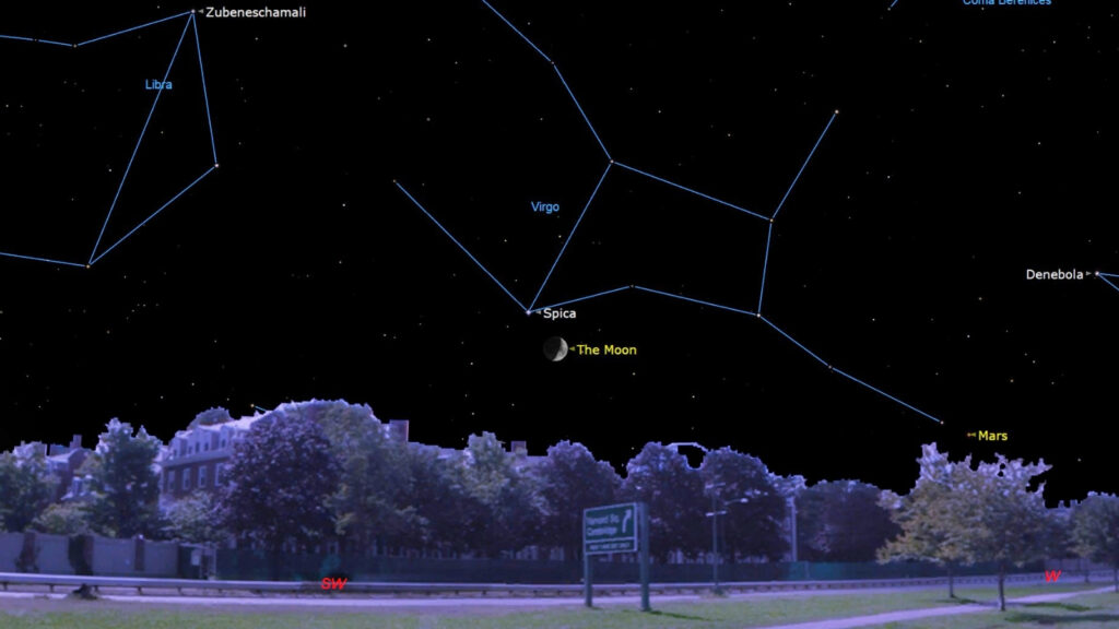 See the crescent moon shine beside blue star Spica at sunset on July 30