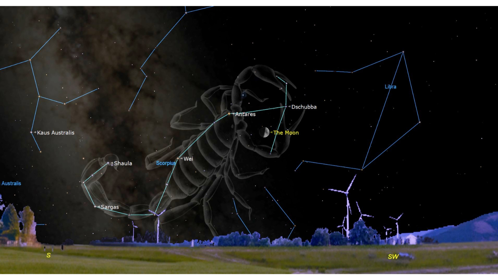 See the half-lit first quarter moon shine in the grasp of a celestial scorpion tonight