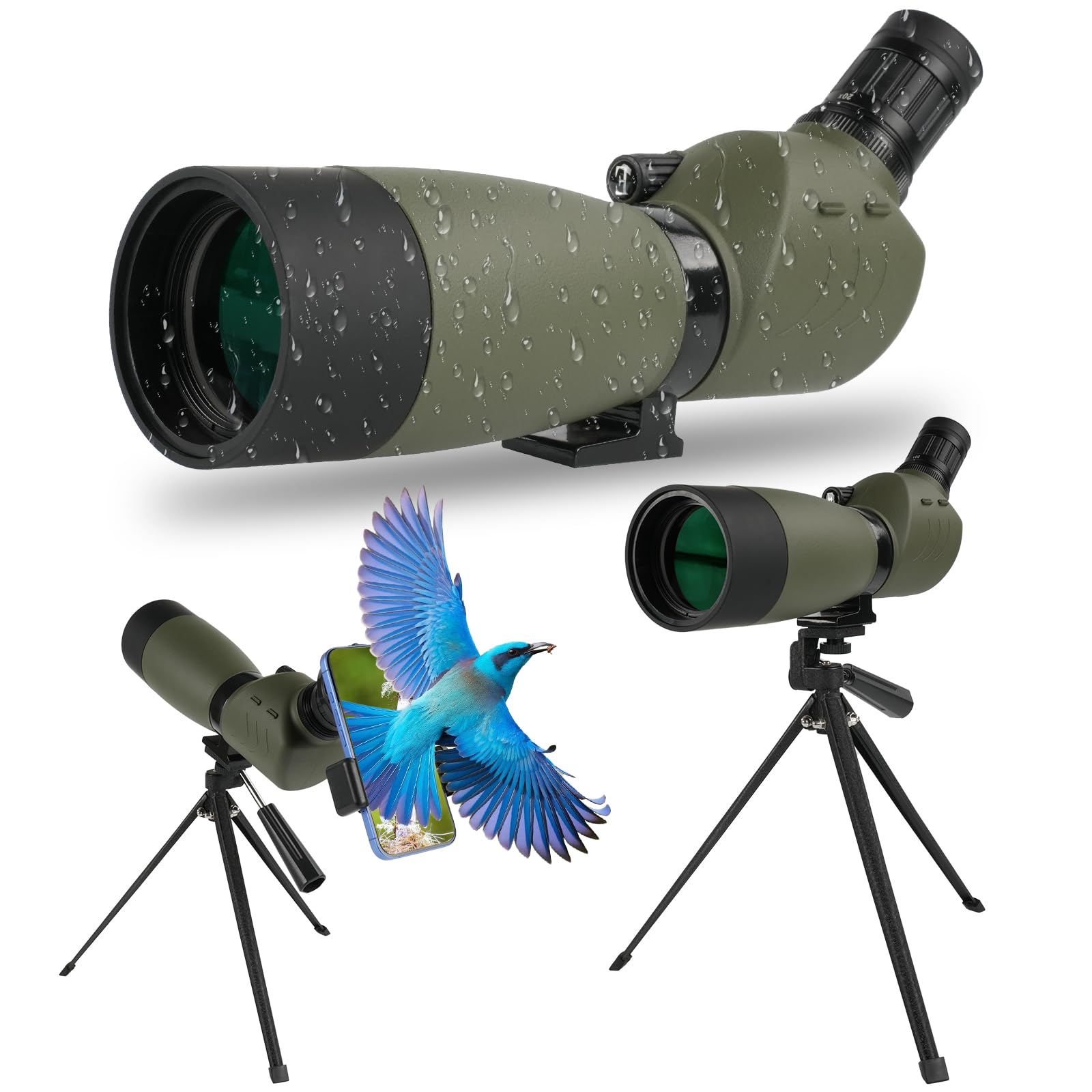 BOSTRON 20-60×60 HD Spotting Scope with BAK4 Prism & FMC Lens, Tripod Phone Adapter and Carrying Bag, Waterproof Fogproof Spotting Scopes for Target Shooting Birding Wildlife Observation(Green)