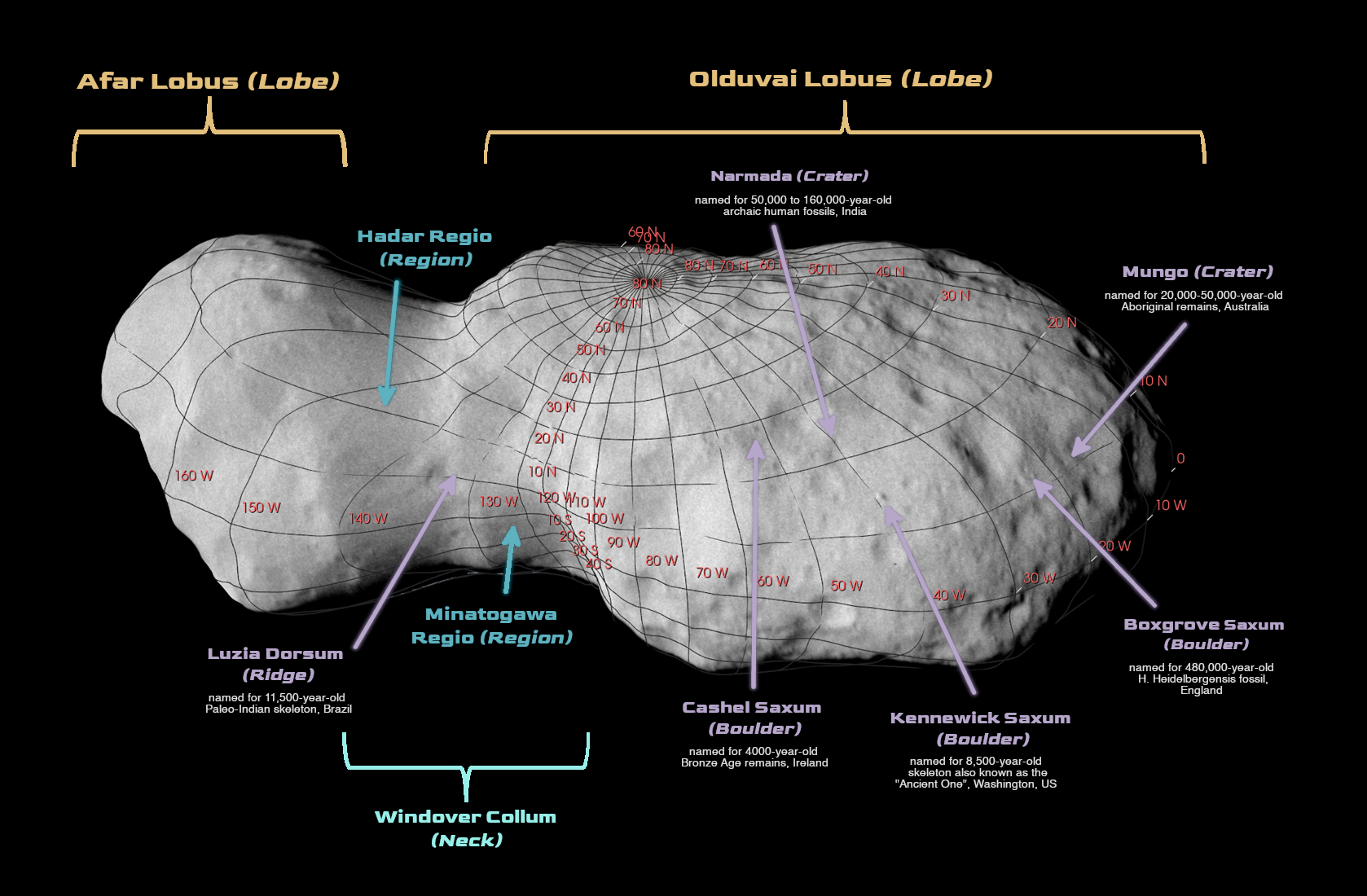 From Afar to Olduvai: asteroid Donaldjohanson's landmarks get names tied to human origins