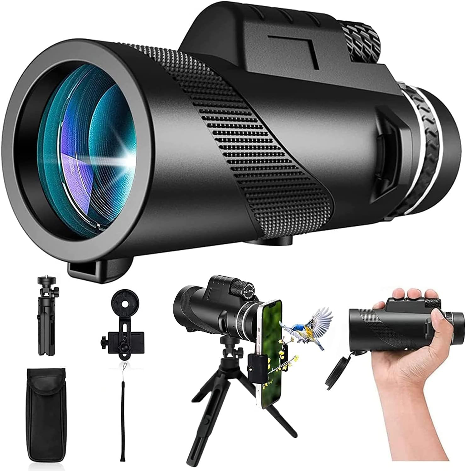 Monocular-Telescope 80×100 High Powered Monoculars High Definition for Adults High Powered with Smartphone Adapter Telescope Hunting Wildlife Bird Watching Travel Camping Hiking-Black