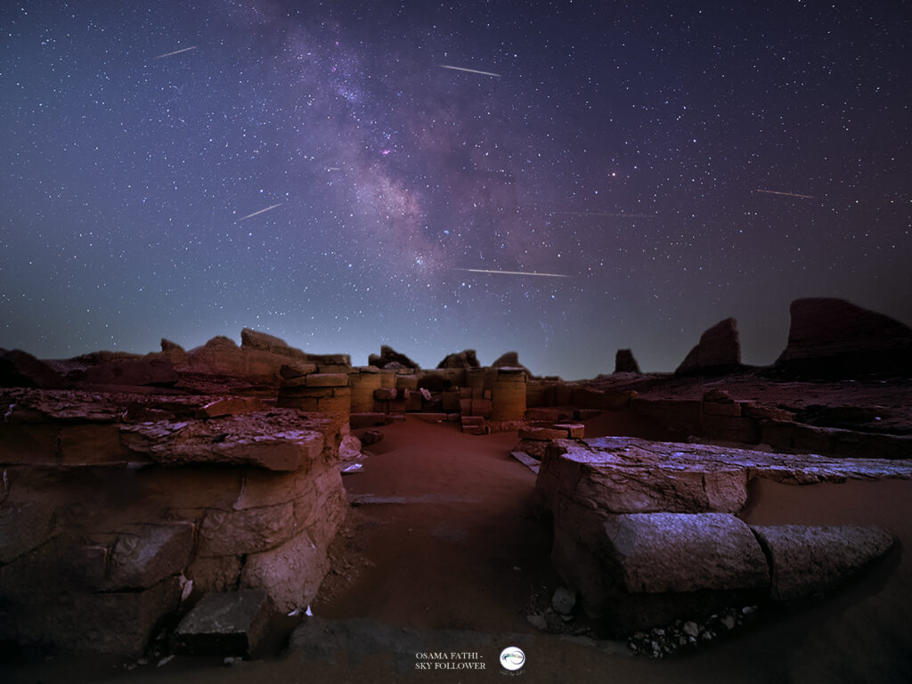 Perseid meteors shine with the Milky Way over an ancient Egyptian temple in breathtaking photo