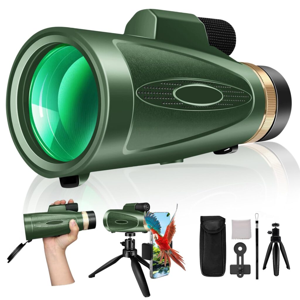 Monocular Telescope 80×100 High Power with Smartphone Adapter Tripod, Wide Field Monoculars for Adults with BAK4 Prism & FMC Lens, for Bird Watching Hunting Hiking Camping Wildlife-Green