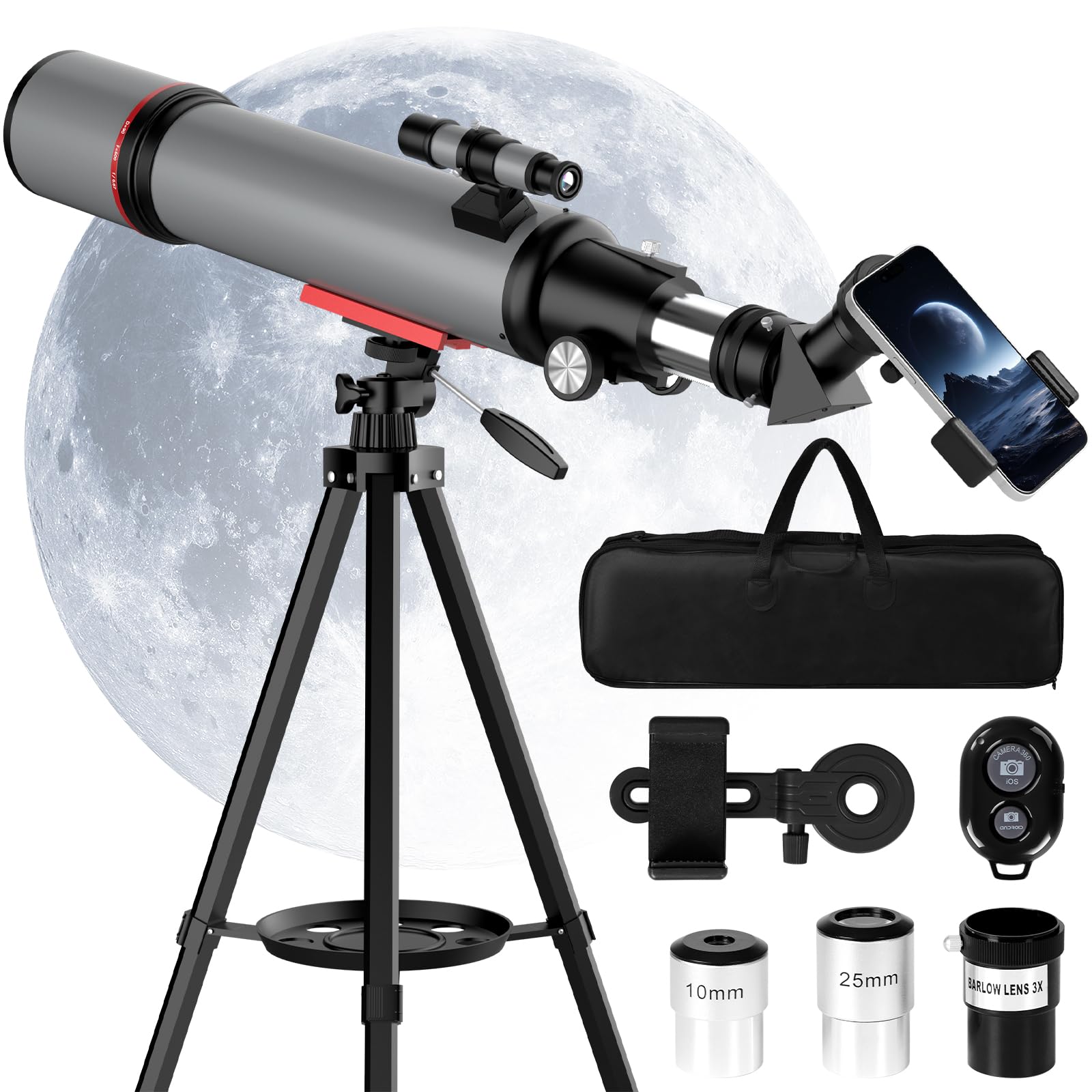 Opaita Telescope for Adults High Powered – 90mm Aperture 600mm Refractor Telescope for Kids & Beginners – Portable Astronomy Telescopes Profesional with Phone Adapter Tripod Carry Bag