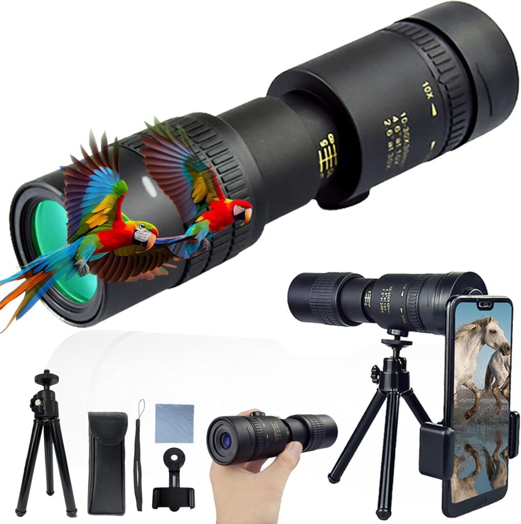 10-300×40 Monoculars for Adults High Powered, Compact Handheld Monocular Telescope for Smartphone, Mini Pocket Handheld Monocular with Flexible Tripod for Hunting, Star Gazing, Bird Watching, Travel