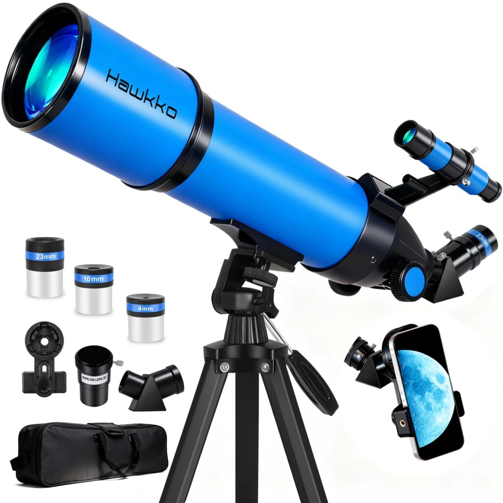 Hawkko Telescope for Adults & Kids, 80mm Aperture 600mm High Powered Telescope for Astronomy Beginners – Refractor Telescopes with AZ Tripod, Phone Adapter and Portable Bag for Moon Observation