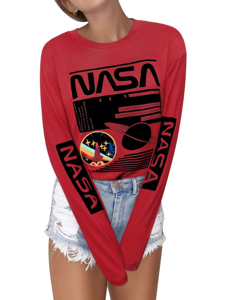 Women Long Sleeve Graphic Shirts NASA Space Letter Print Crew Neck Tee Tops Tshirt
