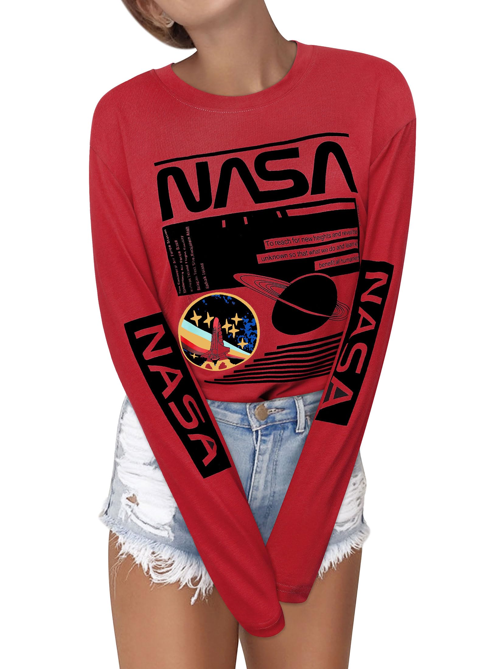 Women Long Sleeve Graphic Shirts NASA Space Letter Print Crew Neck Tee Tops Tshirt