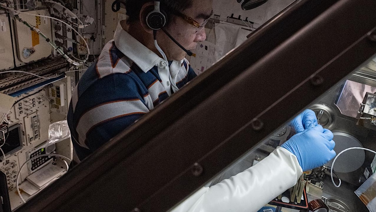 JAXA Astronaut Kimiya Yui Conducts A Microbiology Research Experiment