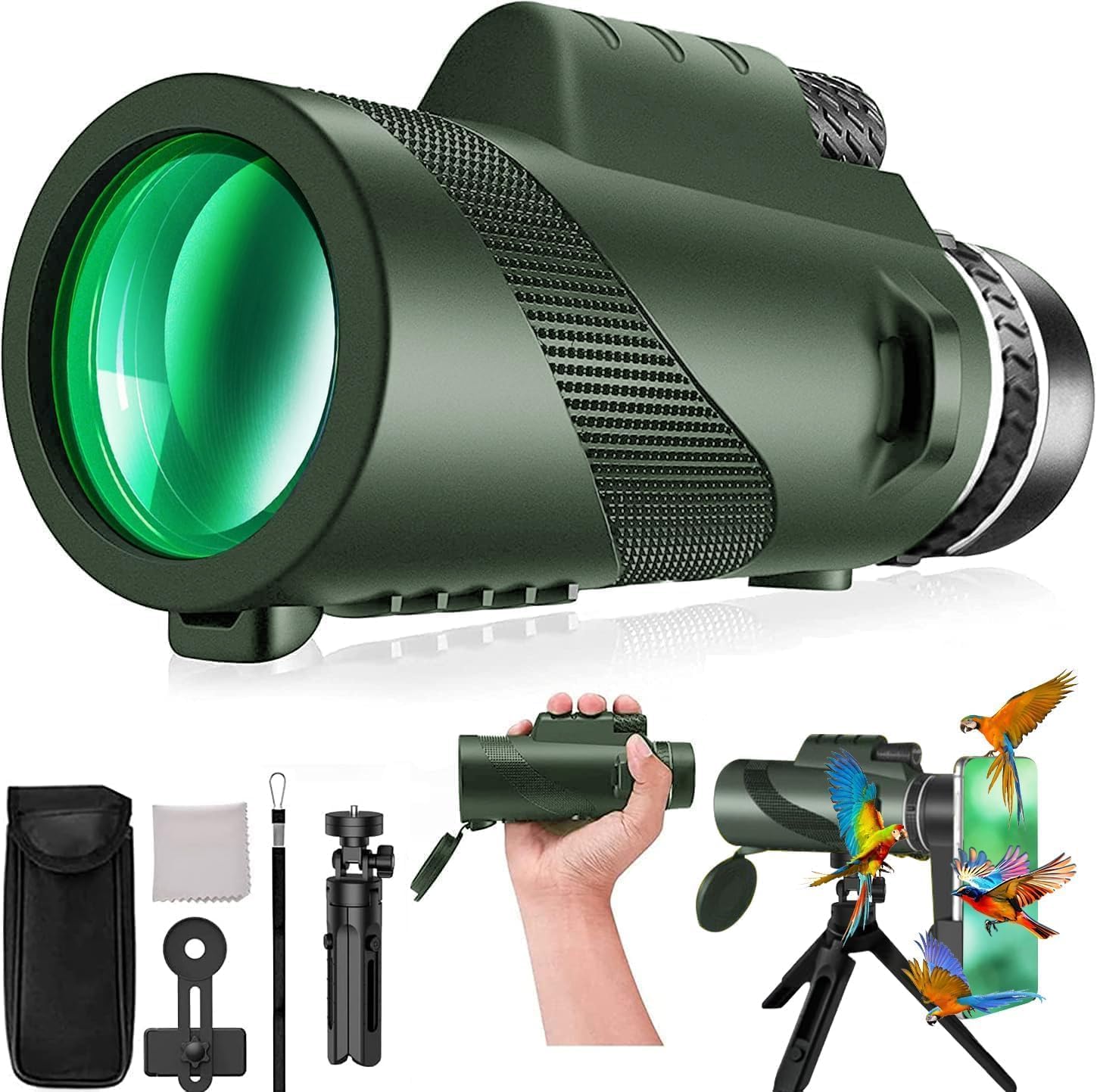 Monocular-Telescope 80×100 High Powered Monoculars High Definition for Adults High Powered with Smartphone Adapter Telescope Hunting Wildlife Bird Watching Travel Camping Hiking-Green
