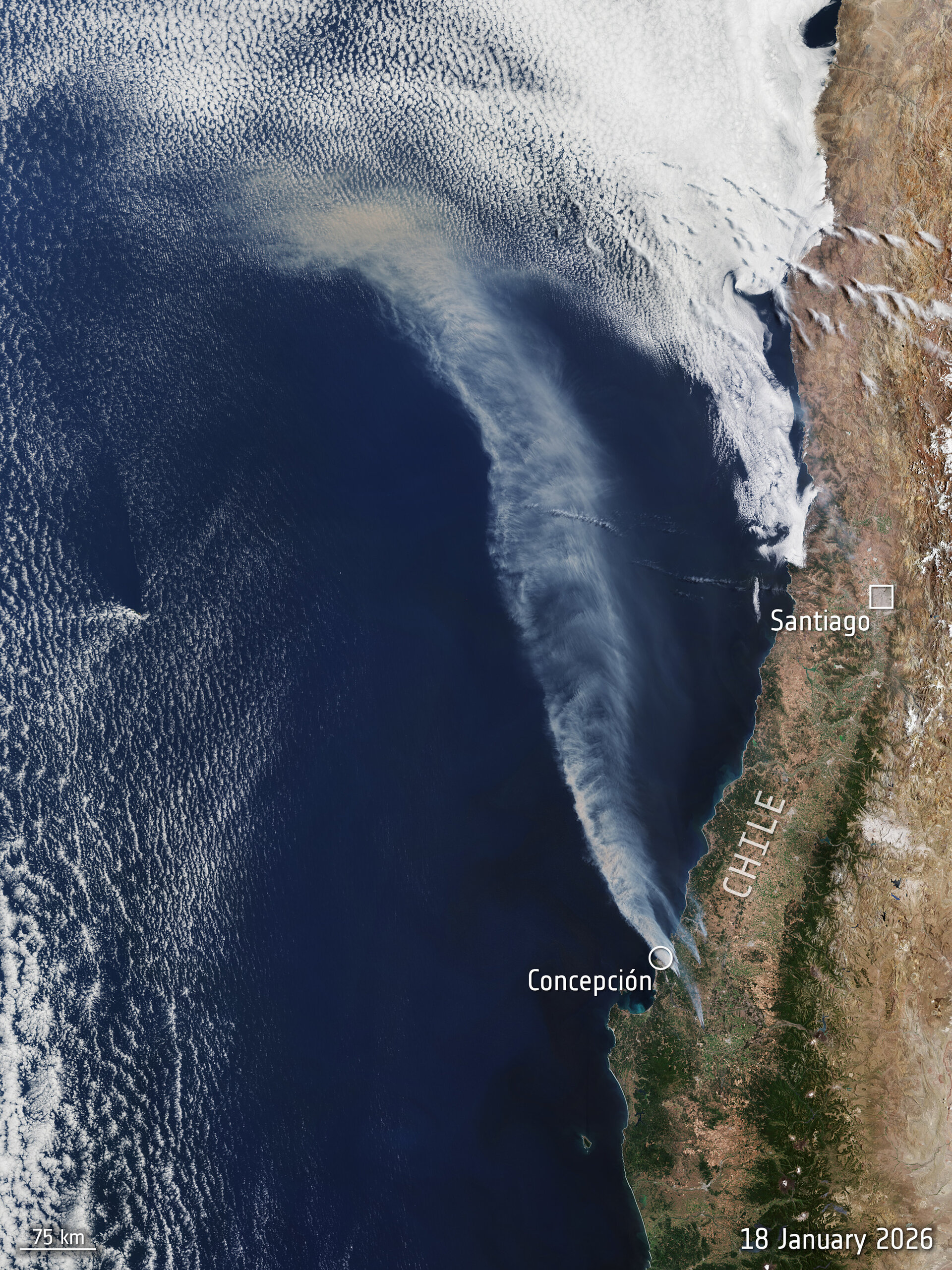 Smoke plumes from Chile wildfires seen by Sentinel-3