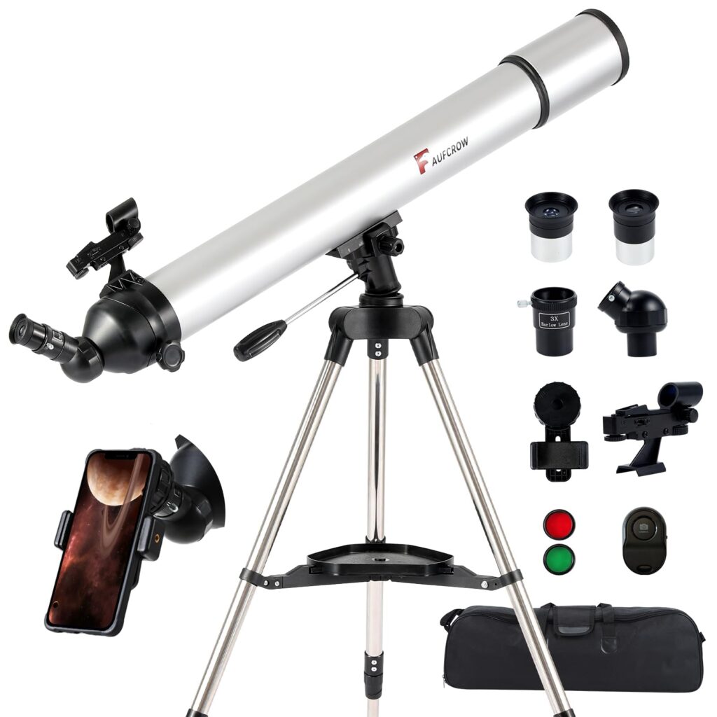 AuFCrow Telescope for Adults 80mm Aperture High-Powered Astronomy Telescopes with 900mm Focal Length 270X Professional Refractor Telescope Stainless Steel Tripod Red Dot Finder Carry Bag Phone Adapter