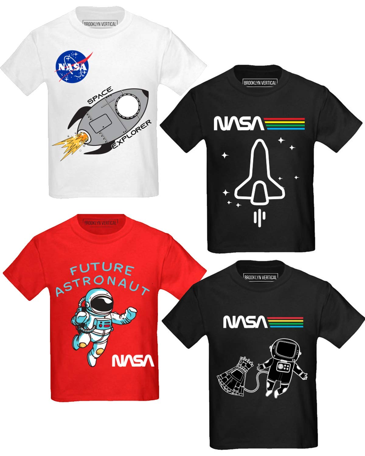 BROOKLYN VERTICAL 4-Pack Toddler NASA Print Outer Space Rocket Ship Short Sleeve T-Shirt | Soft Cotton Sizes 2T-4T