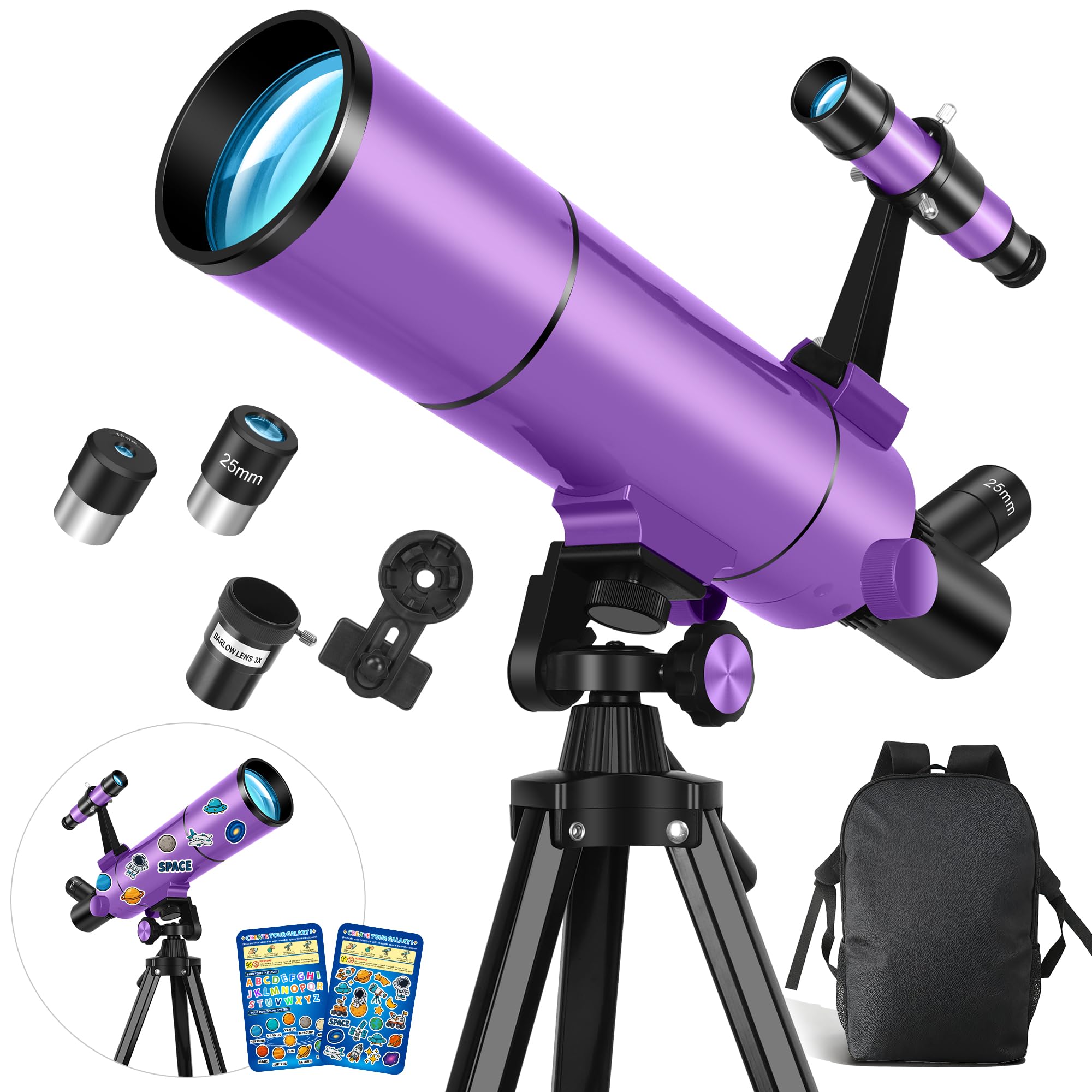Dianfan Telescope for Kids & Adults, 80mm Aperture 500mm Astronomical Professional Telescope for Adults High Powered, Portable Travel Telescopes for Beginners with Tripod & Adapter, Stickers, Backpack