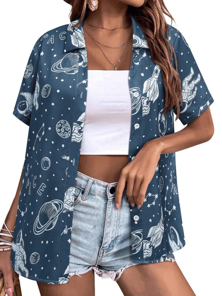 Ezcosplay Womens Space Button Down Shirts Funny Astronaut Universe Planet Solar System Galaxy Graphic Tees Tshirt Blouse
