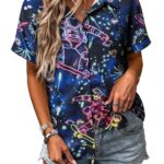 Ezcosplay Women Button Down Space Shirt Funny Astronaut Graphic T Shirts Astronomy Planet Galaxy Outfit Tee Blouse