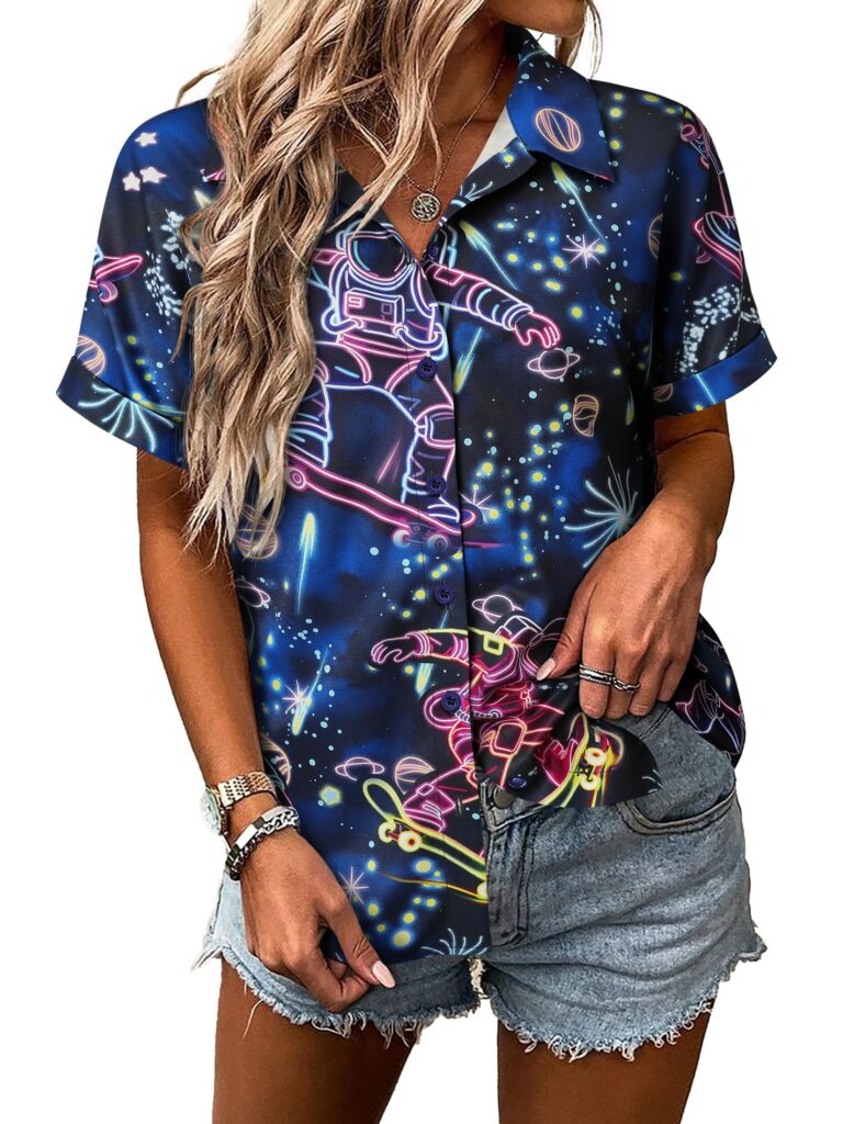 Ezcosplay Women Button Down Space Shirt Funny Astronaut Graphic T Shirts Astronomy Planet Galaxy Outfit Tee Blouse