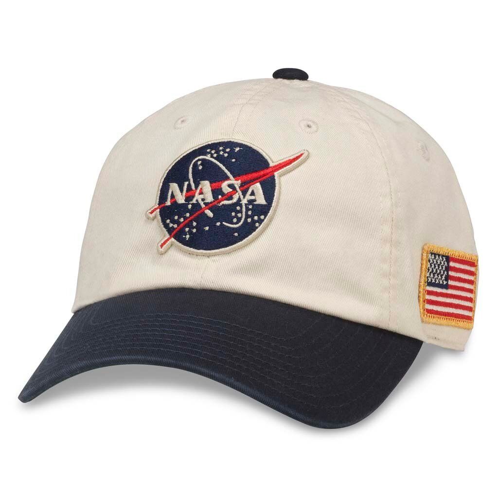 AMERICAN NEEDLE NASA Officially Licensed United Slouch Baseball Dad Buckle Strap Hat, Ivory/Navy (43570A-NASA)