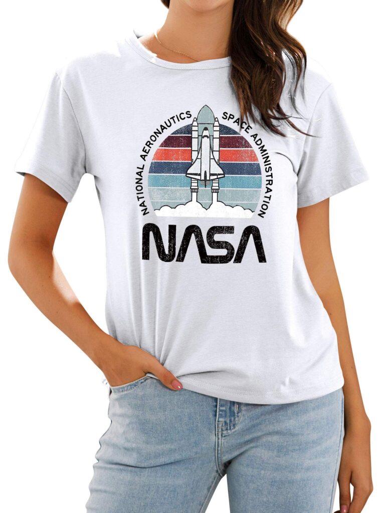 Ezcosplay Women's NASA Graphic T Shirt Space Shuttle Vintage Print Casual Crewneck Short Sleeve Tee for Space Lovers
