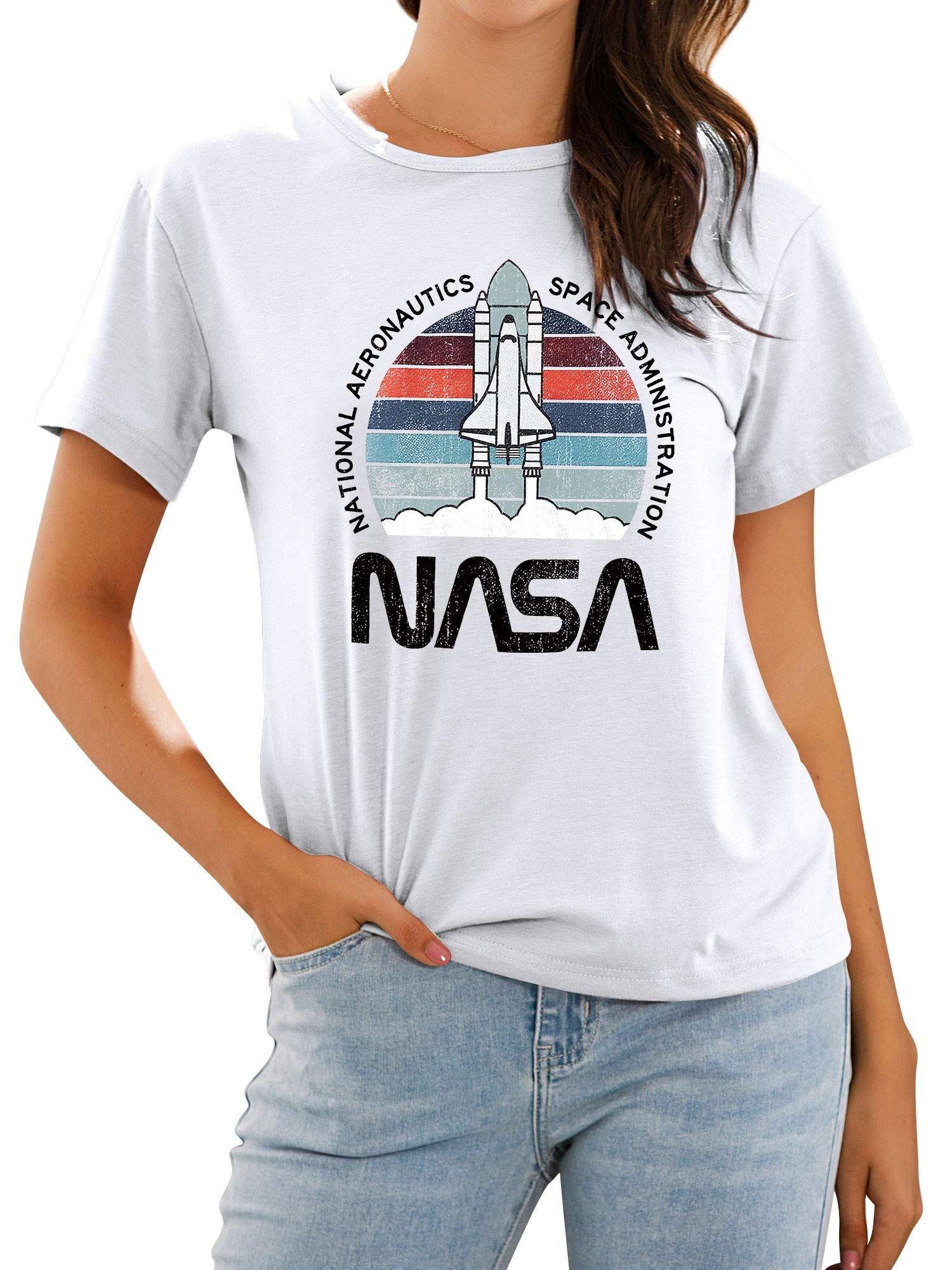 Ezcosplay Women's NASA Graphic T Shirt Space Shuttle Vintage Print Casual Crewneck Short Sleeve Tee for Space Lovers