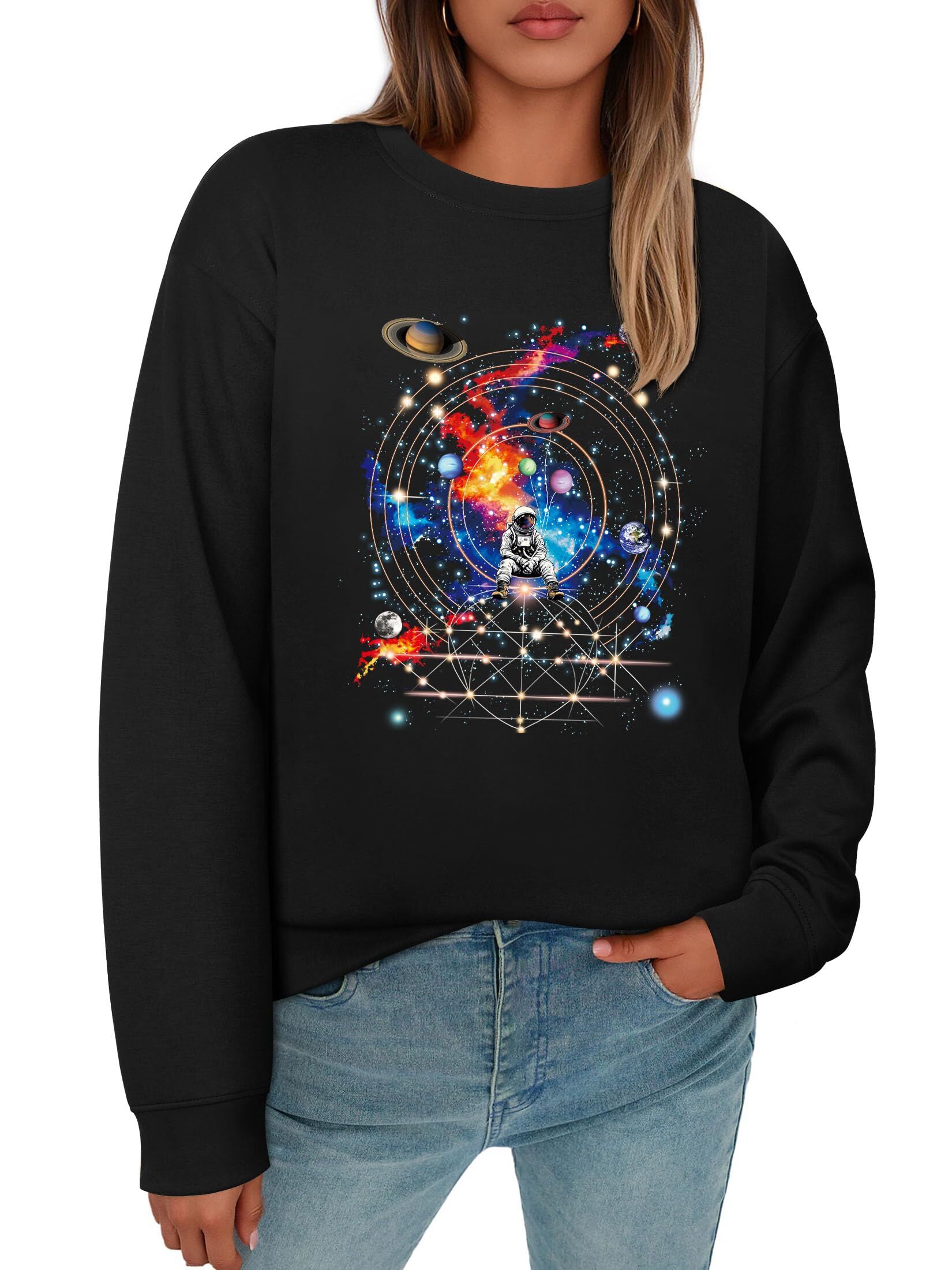 Ezcosplay Women Space Astronaut Sweatshirt Universe Planet Galaxy Graphic Pullover Tees Funny Sci-Fi Shirt Outfit